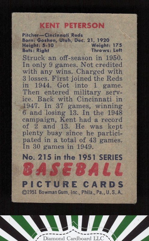 1951 Bowman #215 Kent Peterson VG, back