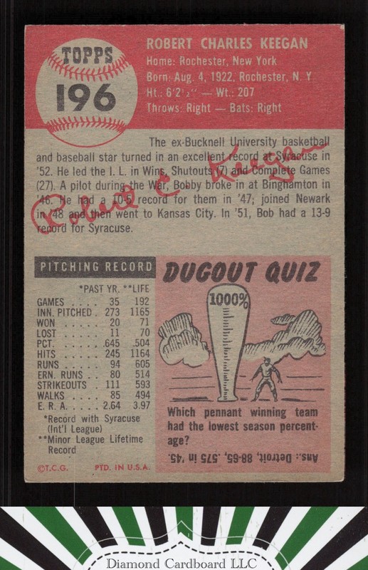 1953 Topps #196 Bob Keegan EX i, back