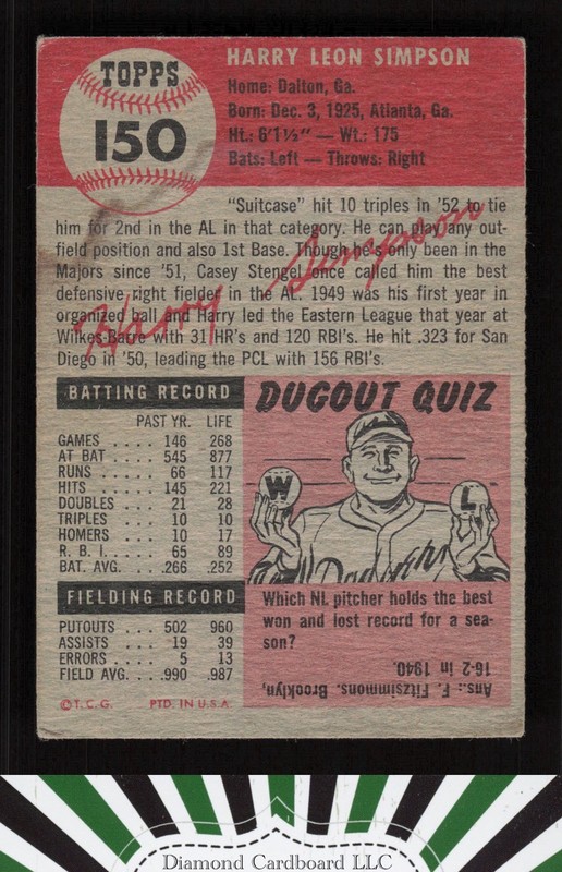 1953 Topps #150 Harry Simpson : Bio uses black text GD d, back