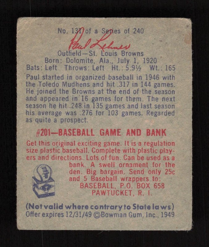 1949 Bowman #131 Paul Lehner VG, back