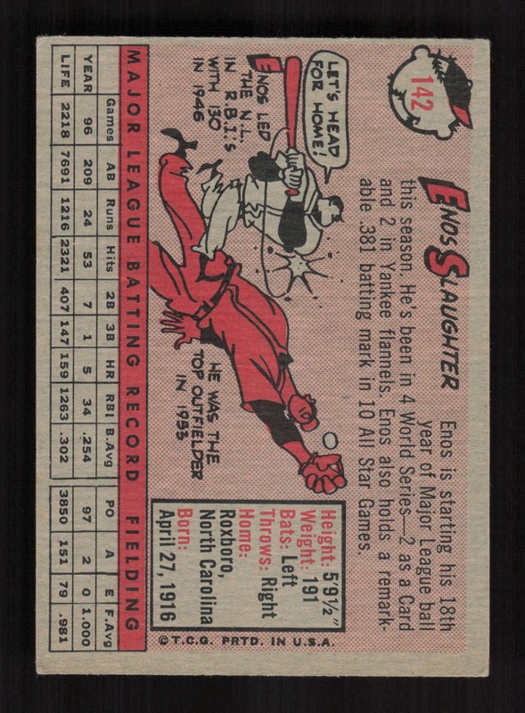 1958 Topps #142 Enos Slaughter VG a, back
