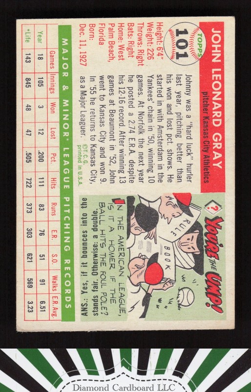 1955 Topps #101 Johnny Gray VGEX k, back