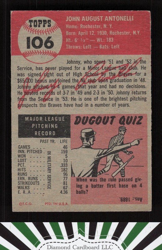 1953 Topps #106 John Antonelli : Bio uses white text VG+ e, back