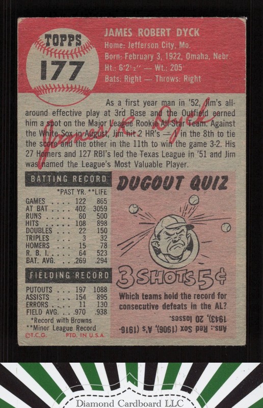 1953 Topps #177 Jim Dyck VG+ d, back