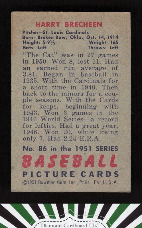 1951 Bowman #86 Harry Brecheen VGEX+, back