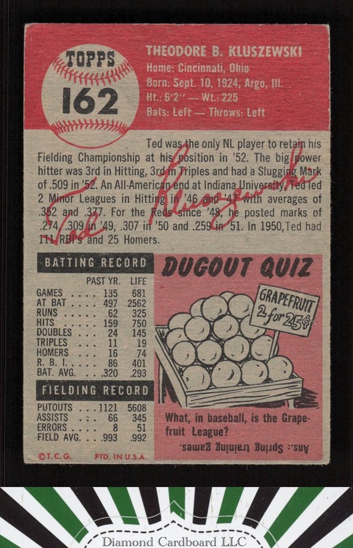 1953 Topps #162 Ted Kluszewski : Bio uses white text VG (ST) a, back
