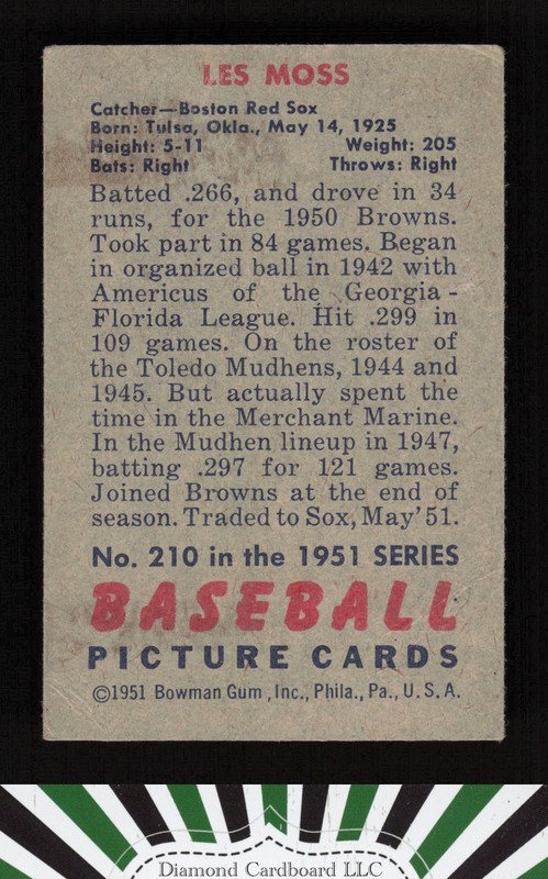 1951 Bowman #210 Les Moss VG, back