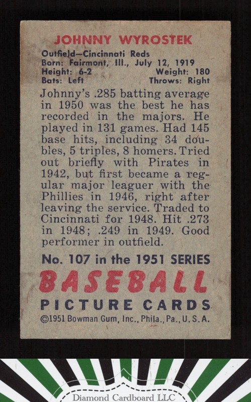 1951 Bowman #107 Johnny Wyrostek VGEX+, back