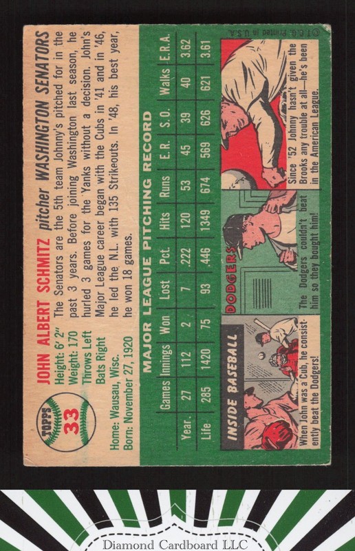 1954 Topps #33 Johnny Schmitz GD e, back