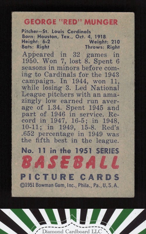 1951 Bowman #11 George "Red" Munger VGEX, back