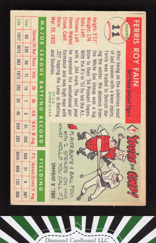 1955 Topps #11 Ferris Fain VGEX n, back