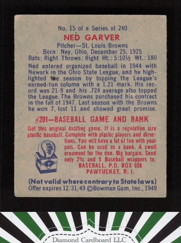 1949 Bowman #15 Ned Garver VGEX [CENTERED] a, back