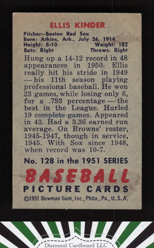 1951 Bowman #128 Ellis Kinder VGEX, back