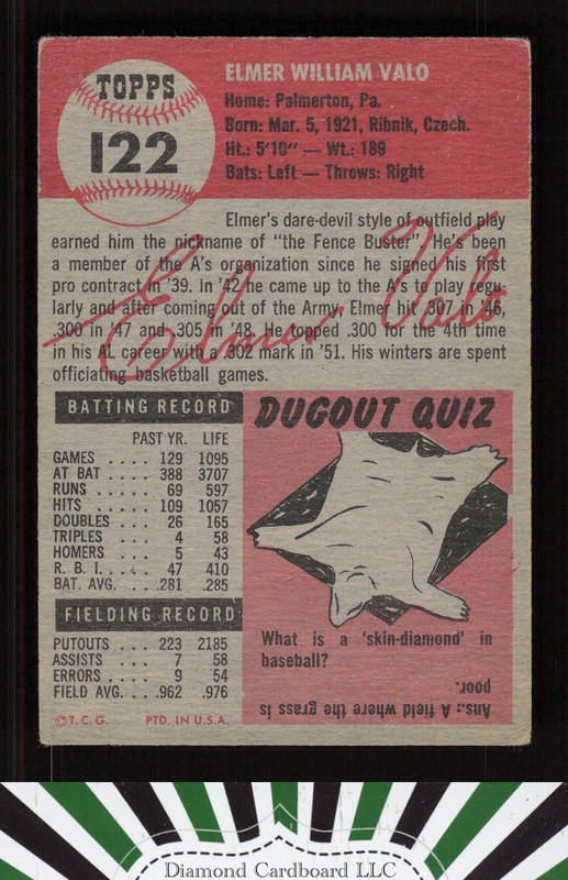 1953 Topps #122 Elmer Valo : Bio uses black text FR c, back