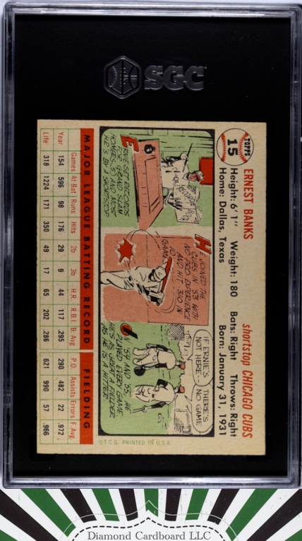 1956 Topps #15 Ernie Banks SGC 7 White Back [GREAT EYE APPEAL], back