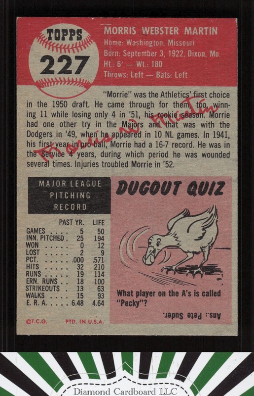 1953 Topps #227 Morris Martin EX f, back