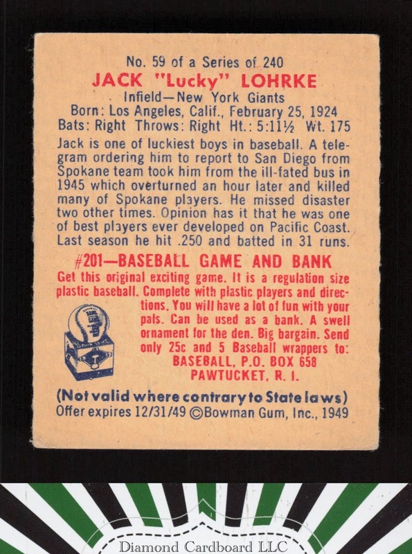 1949 Bowman #59 Jack "Lucky" Lohrke VGEX+ a, back