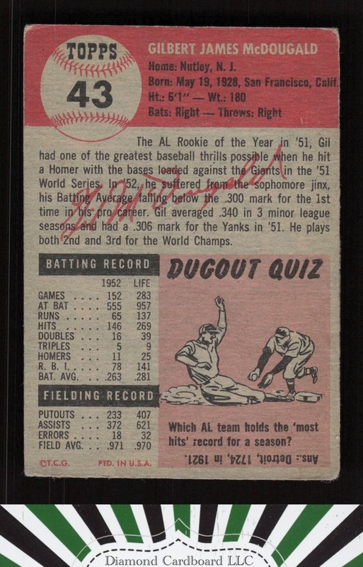 1953 Topps #43 Gil McDougald VG c, back