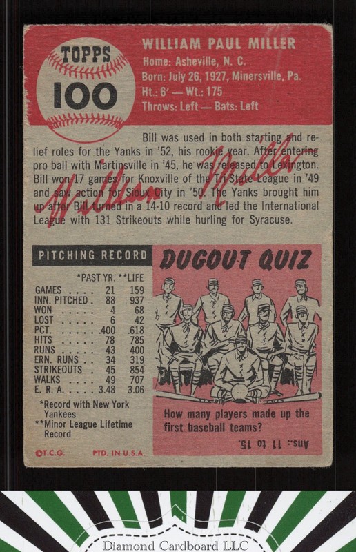 1953 Topps #100 Bill Miller : Bio uses white text GD d, back