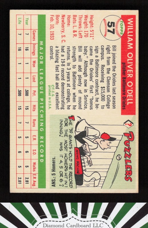 1955 Topps #57 Billy O'Dell VGEX h, back