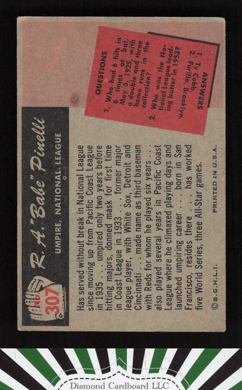 1955 Bowman #307 Babe Pinelli VGEX, back