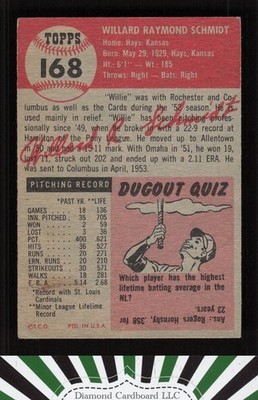 1953 Topps #168 Willard Schmidt VGEX+ [GOOD EYE APPEAL] f, back