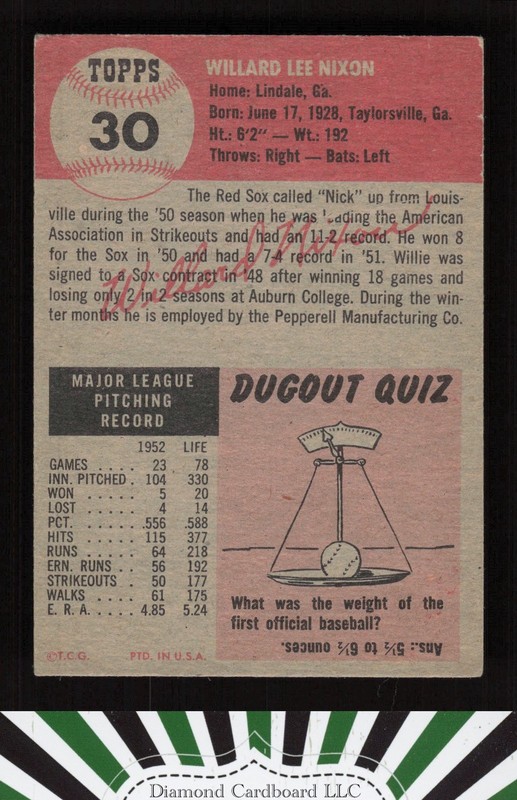 1953 Topps #30 Willard Nixon VGEX j, back