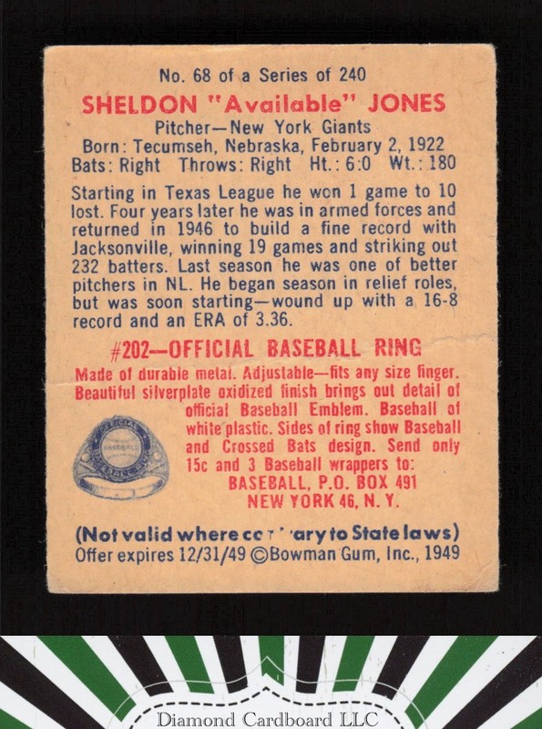 1949 Bowman #68 Sheldon "Available" Jones PR a, back