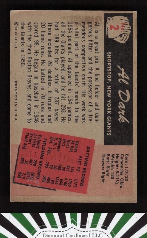 1955 Bowman #2 Al Dark VG+, back