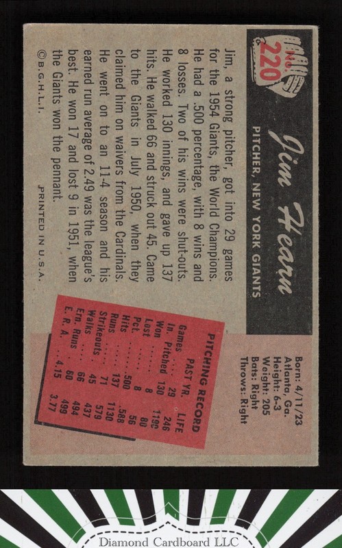 1955 Bowman #220 Jim Hearn VGEX, back