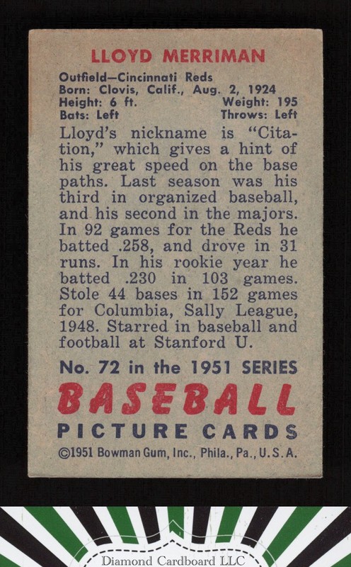 1951 Bowman #72 Lloyd Merriman VGEX, back