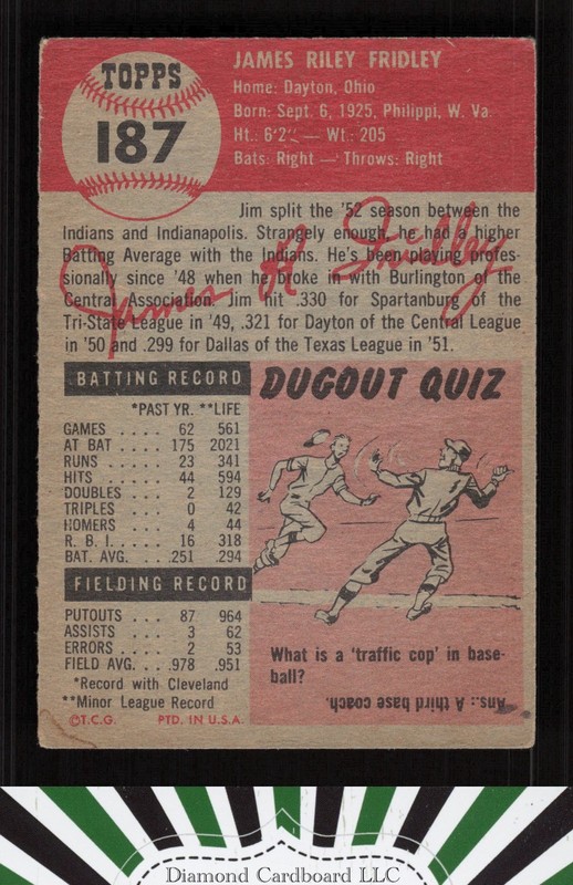 1953 Topps #187 Jim Fridley FR b, back