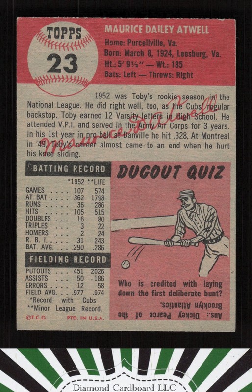 1953 Topps #23 Toby Atwell VGEX+ h, back