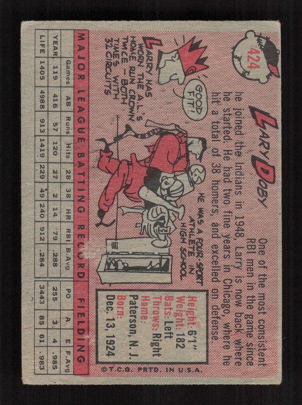 1958 Topps #424 Larry Doby GD+ c, back