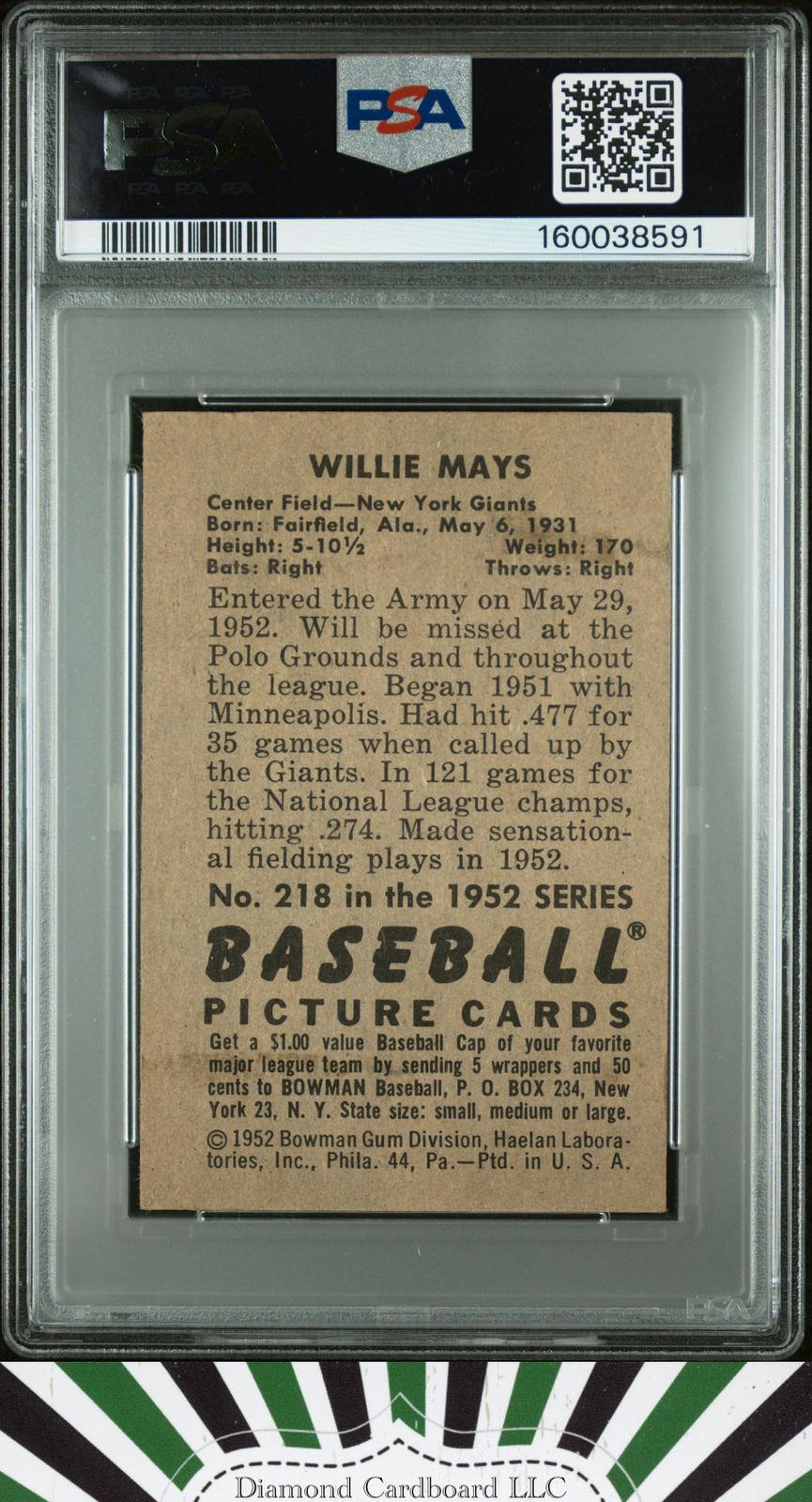 1952 Bowman #218 Willie Mays PSA 3, back