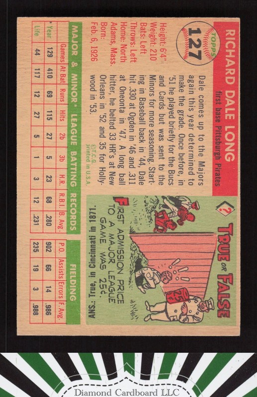 1955 Topps #127 Dale Long VG s, back