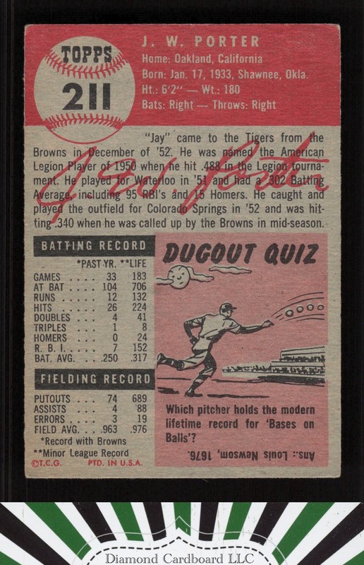 1953 Topps #211 J.W. Porter VGEX c, back