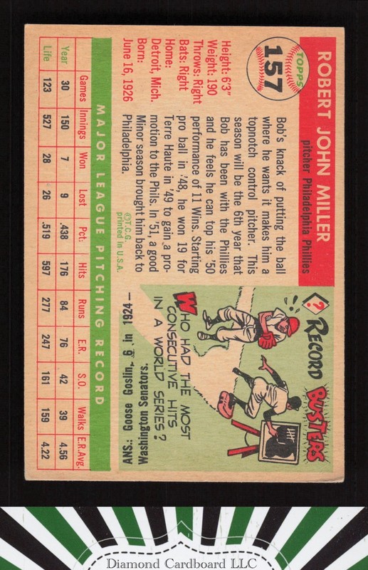 1955 Topps #157 Bob Miller VG+ c, back