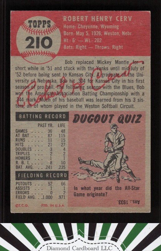 1953 Topps #210 Bob Cerv VGEX+ e, back