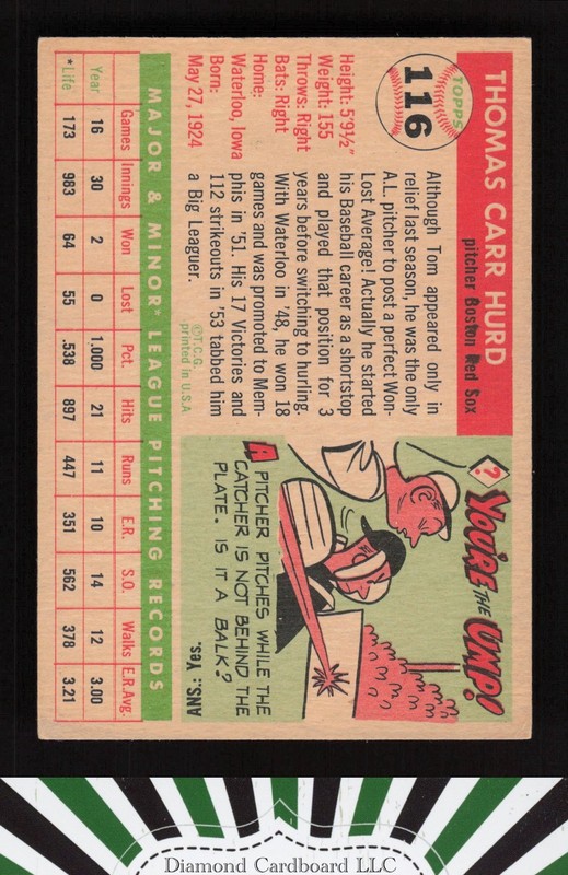 1955 Topps #116 Tom Hurd VGEX c, back