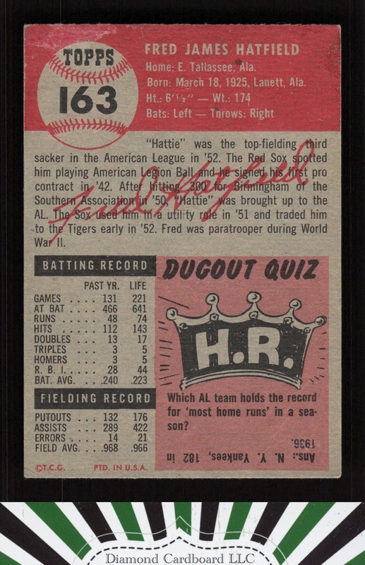 1953 Topps #163 Fred Hatfield : Bio uses white text FR (ST) b, back
