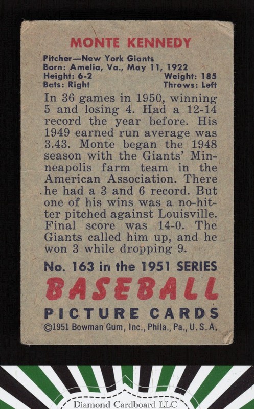 1951 Bowman #163 Monte Kennedy GD, back