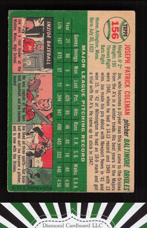 1954 Topps #156 Joe Coleman VG d, back