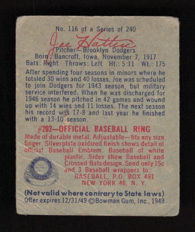 1949 Bowman #116 Joe Hatten GD, back