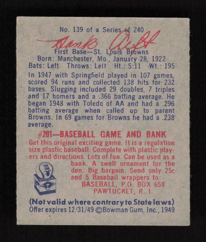 1949 Bowman #139 Hank "Bow-Wow" Arft VGEX (but tape on front), back