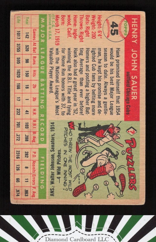 1955 Topps #45 Hank Sauer GD m, back