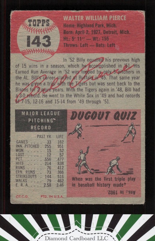 1953 Topps #143 Billy Pierce : Bio uses black text PR b, back