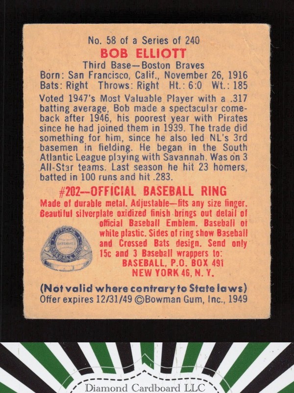 1949 Bowman #58 Bob Elliott VGEX+ [CENTERED] a, back