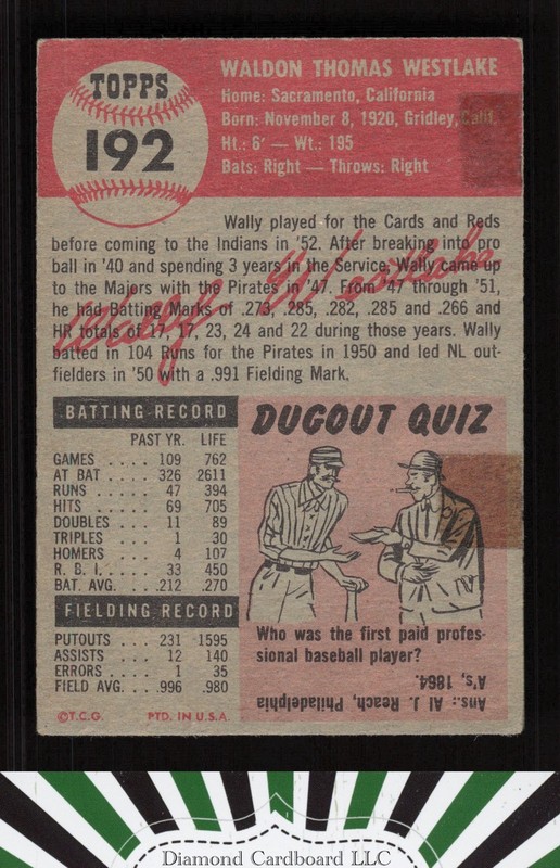 1953 Topps #192 Wally Westlake PR d, back