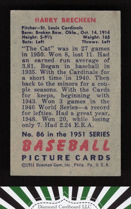 1951 Bowman #86 Harry Brecheen VGEX [CENTERED], back